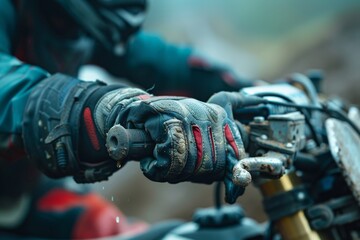 A close-up of a motocross rider’s gloved hands gripping the handlebars