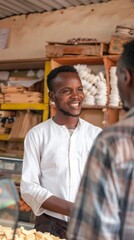 A man in a white shirt smiles as he talks to a customer in a shop