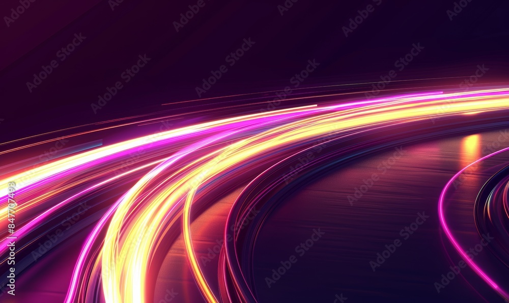Poster the abstract technology light lines. they are shiny spiral lines with neon color glowing lines as a 