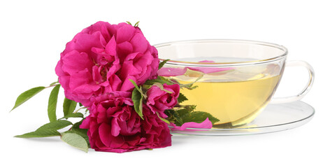Aromatic herbal tea in glass cup, peonies and green leaves isolated on white