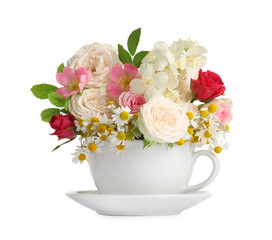 Aromatic herbal tea in cup with different flowers isolated on white