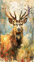 Color painting of a wild deer Oil color painting. Generative AI.
