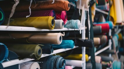 Industrial fabric rolls in factory storage, close-up, no people, textile variety, soft lighting