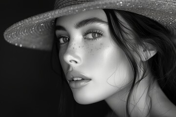 Beautiful Profile Portrait of Girl in Studio Hat Pose - Monochrome Photography