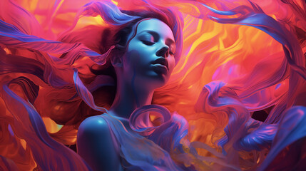 Ethereal Woman with Flowing Neon Ribbons
