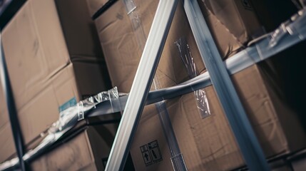 Naklejka premium Industrial cargo straps, close-up, securing boxes in factory, no people, tension detail, sharp light 