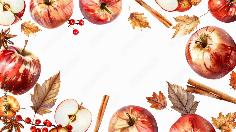 Aufkleber autumn apples and cinnamon sticks in warm shades of red and brown, watercolor frame with white empty