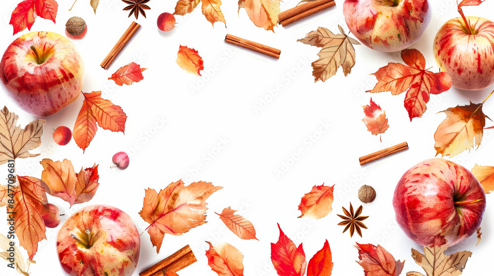 Wall mural Autumn apples and cinnamon sticks in warm shades of red and brown, watercolor frame with white empty space for text in the center isolated on a white background 