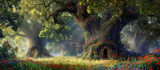 The mystical woodland glade in warm autumn colors is surrounded by majestic ancient oak trees in an enchanting magic kingdom forest. Dreamy surreal fantasy art illustration depicting a fantasy