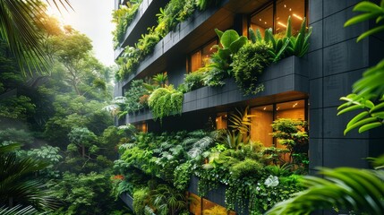 Obraz premium A lush vertical garden with a variety of plants growing on the walls of a modern building, symbolizing sustainable architecture, Ecofriendly, Realistic, Soft Light