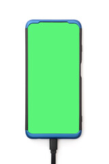 Smartphone isolated on a white background, close-up. Mobile phone display with blank green screen