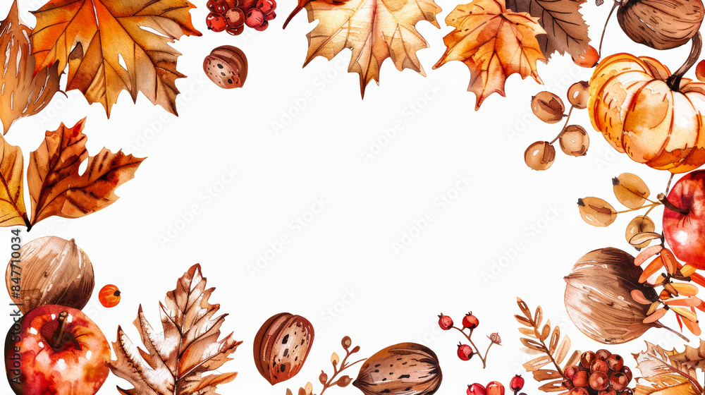 Aufkleber autumn fruits and nuts in rustic shades of amber and brown, watercolor frame with white empty space 