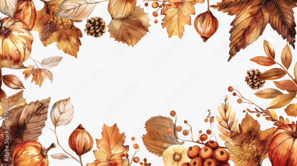 Aufkleber autumn fruits and nuts in rustic shades of amber and brown, watercolor frame with white empty space 