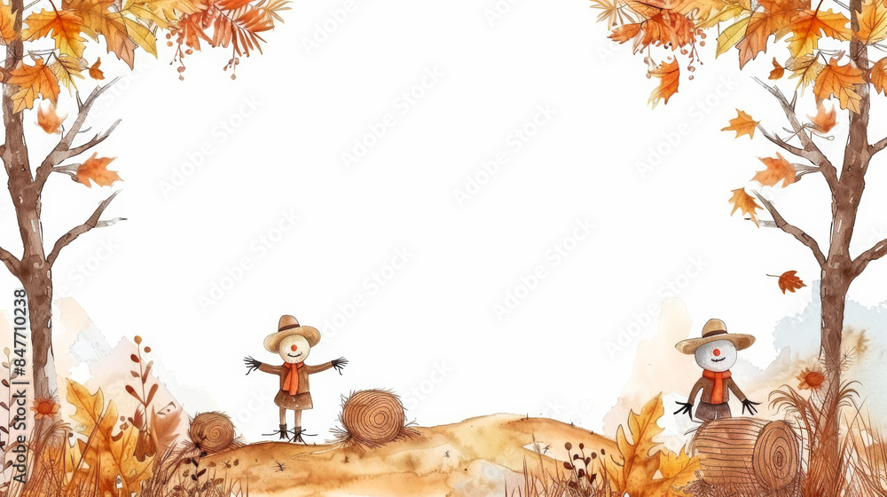 Sticker Autumn scenery with hay bales and scarecrows in rustic shades of orange and brown, watercolor frame with white empty space for text in the center isolated on a white background 