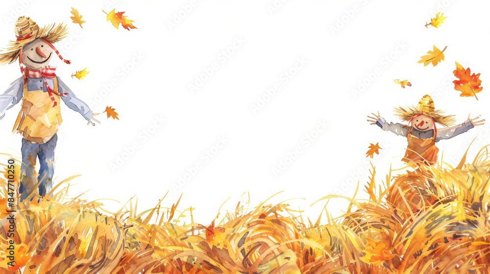 Aufkleber autumn scenery with hay bales and scarecrows in rustic shades of orange and brown, watercolor frame 