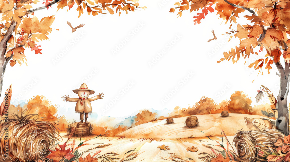 Aufkleber autumn scenery with hay bales and scarecrows in rustic shades of orange and brown, watercolor frame 