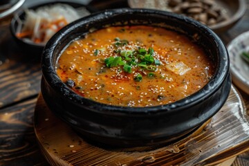 Bowl of soup with vegetables and rice on a table, korean food
