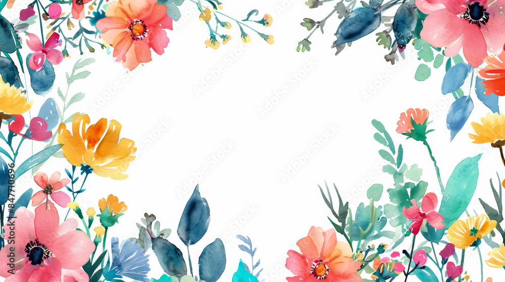 Wall mural Bohemian wildflower watercolor frame with white text space in the center, isolated on a white background 