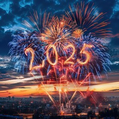 Stock Photo with the text 2025, new years eve fireworks --stylize 200 Job ID: b8aaccef-82b8-49fd-841a-63bbfc9630c6