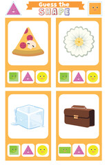 Education game for children guess the shape geometric figures and objects worksheet circle triangle rectangle square Shapes study page. Preschool or kindergarten worksheet with different objects
