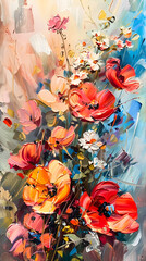 flowers on canvas Colorful floral background Oil color painting. Generative AI.