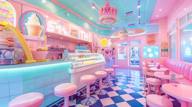Ein buntes Cafe in Pastellfarben 
