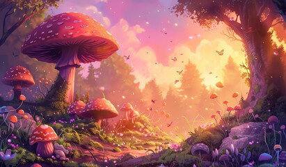 Grass, flowers, foliage, autumn beautiful colors modern season illustration with mushroom garden with wild animals in a magical forest landscape in summer, cats, turtles, fantasy trees, and sunset