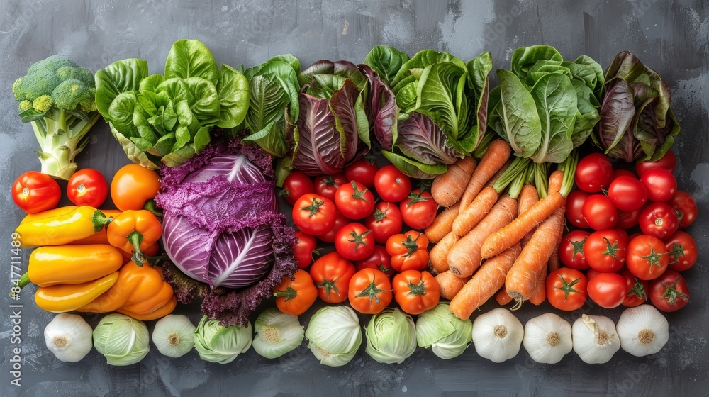 Poster a group of vegetables arranged in a grid pattern on the table, ai