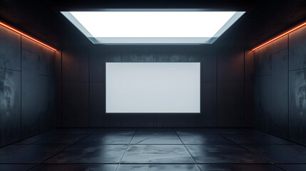 Modern dark room with orange lighting featuring a large blank white poster on the wall. Interior design concept.  Generative AI