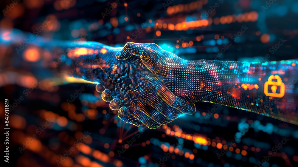 Poster digital handshake with a lock symbol on a dark background, representing cybersecurity in the future.