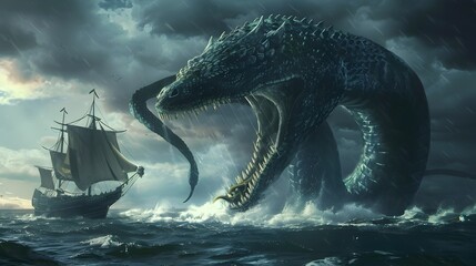 Colossal Sea Serpent Attacking Sailing Ship in Stormy Oceanic Seascape