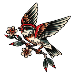 Old school tattoo sparrow, PNG, Transparent background