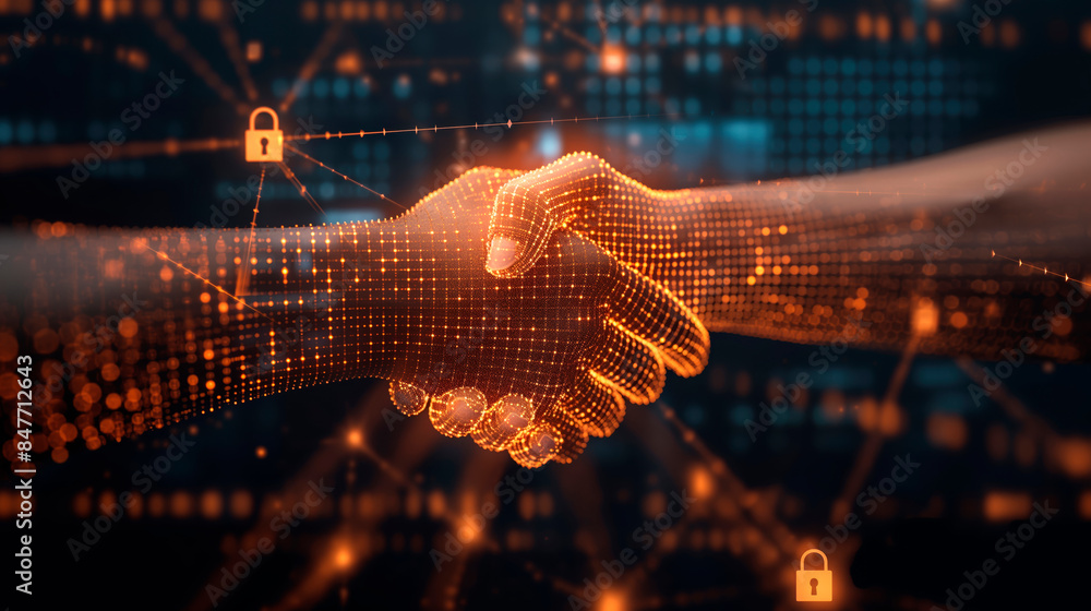 Poster two digital hands shaking with network security icons on a dark background. concept of cybersecurity