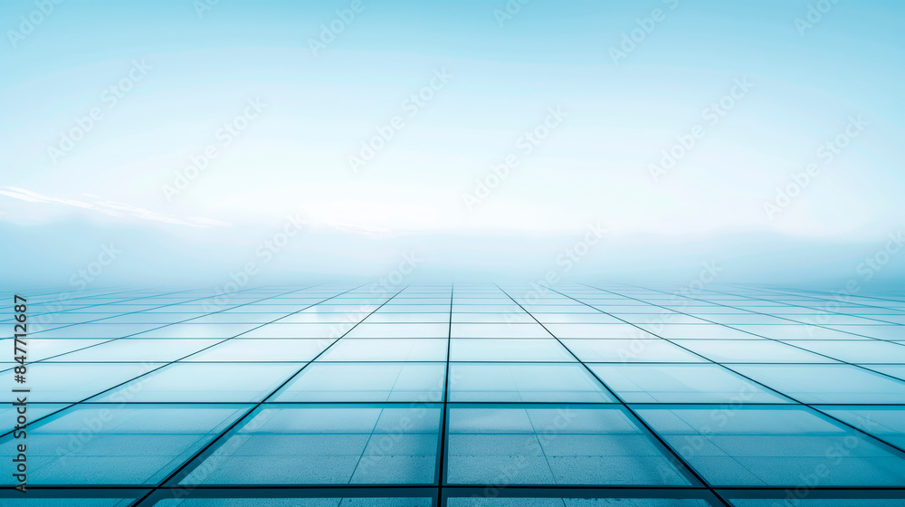 Aufkleber glass building facade extending into mist, blue tone background. concept of modern architecture and 