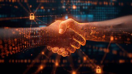 Two digital hands shaking with network security icons on a dark background. Concept of cybersecurity and digital agreement.  Generative AI