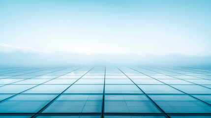 Glass building facade extending into mist, blue tone background. Concept of modern architecture and endless possibilities.  Generative AI