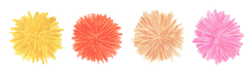 Watercolor set of cute Pom Poms. Red, orange, yellow and pink hairy balls pompons. Trend colors for holidays and party. Hand drawn illustration isolated on transparent.