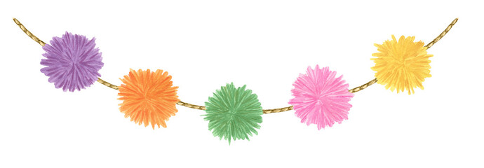 Funny colorful garland with decorative holiday pom poms. Purple, orange, yellow, pink and green hairy balls pompons. Hand drawn watercolor illustration isolated on transparent. © ELENA