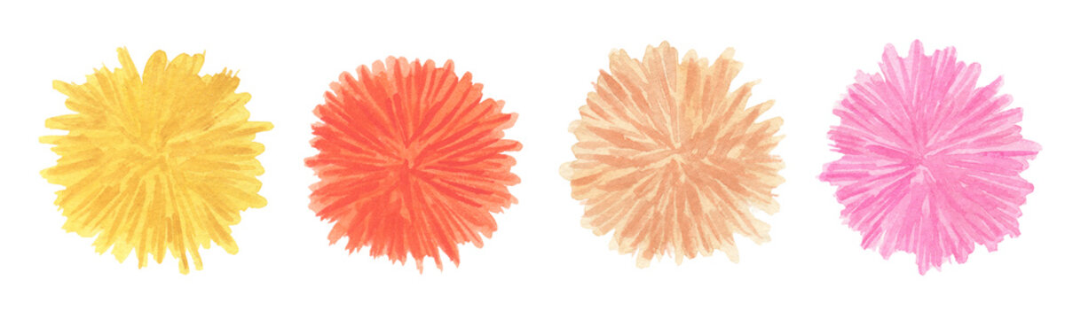 Watercolor set of cute Pom Poms. Red, orange, yellow and pink hairy balls pompons. Trend colors for holidays and party. Hand drawn illustration isolated on transparent.