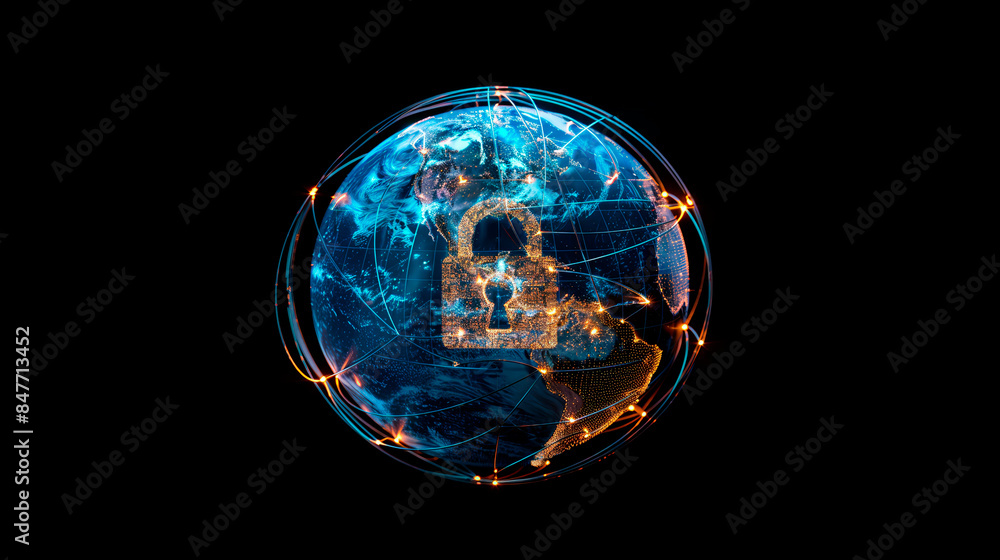 Poster a glowing earth with network lines and a digital padlock overlay on a dark background. concept of gl