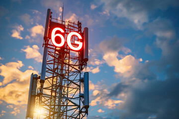 A telecommunication tower against a dramatic sky backdrop, embodying the advanced 6G network concept and future technological advancements