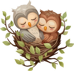 Cartoon baby owl bird sleeping in the nest