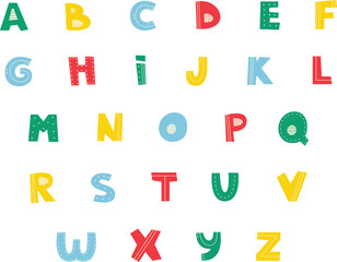 Vector English alphabet with patterns. Stylish and colorful letters set. Set for cards, posters, notebooks