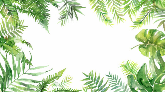 Vintage fern leaf watercolor frame with central white text space, isolated on a white background 