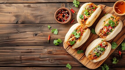 Delicious stuffed bao buns, viewed from above, on a wooden table, generous space for text, clean and appetizing presentation