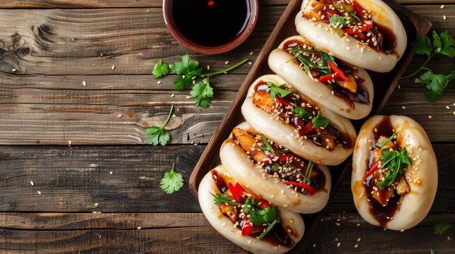 Delicious stuffed bao buns, viewed from above, on a wooden table, generous space for text, clean and appetizing presentation