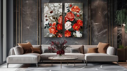 Panel wall art marble Vivid Floral Triptych 3D Art on Marble Background wall decoration created with generative ai