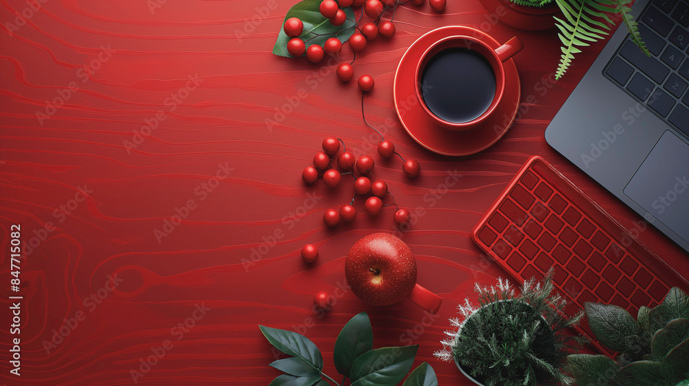 Poster a red background with a red keyboard and a red cup of coffee