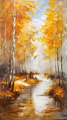 Original oil painting on canvas of autumn Oil color painting. Generative AI.