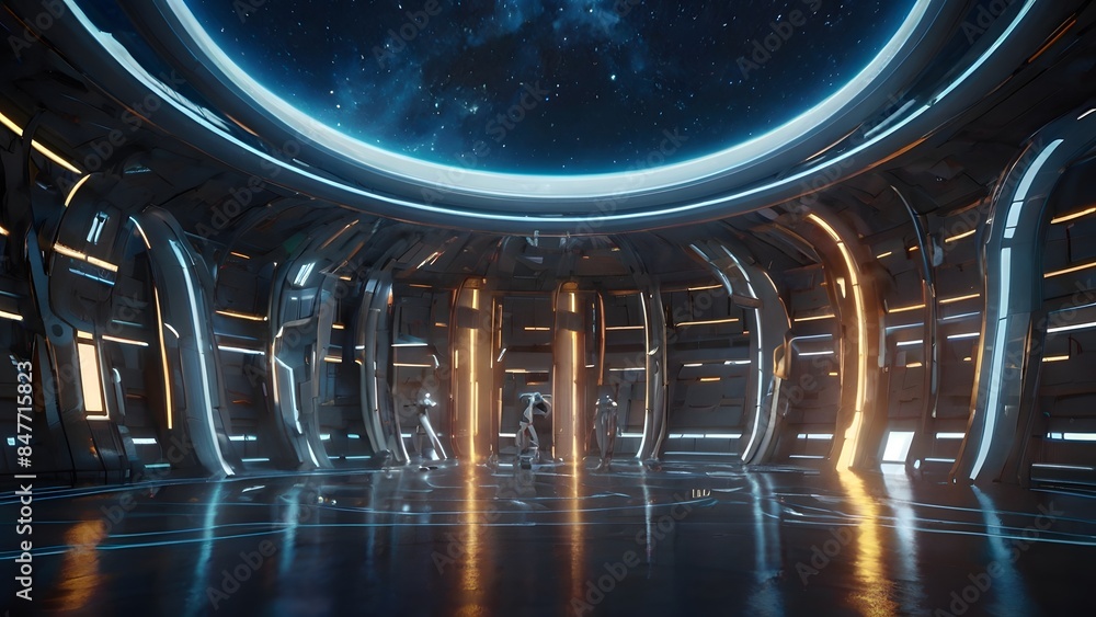 Wall mural a futuristic high-tech space station filled with a mesmerizing array of glowing lights and advanced 